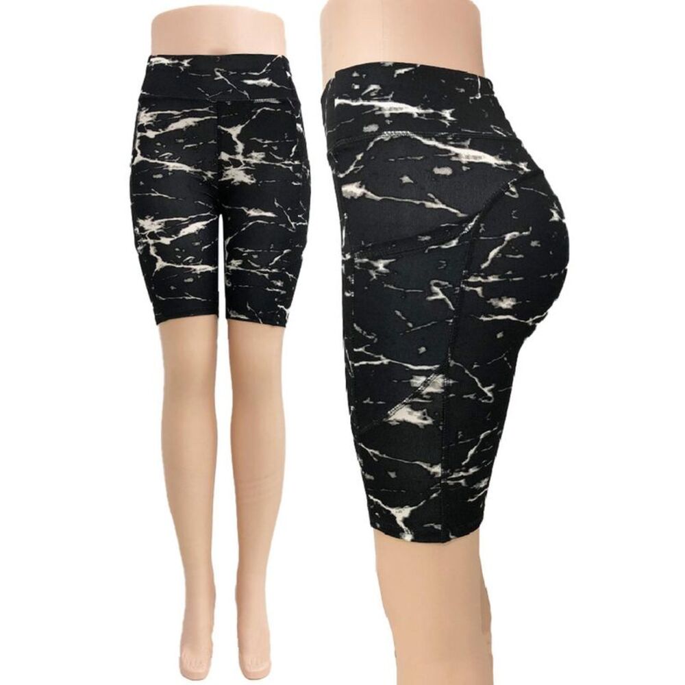 World of Leggings Black Marble High Waist Sport Biker Shorts with Side Pocket